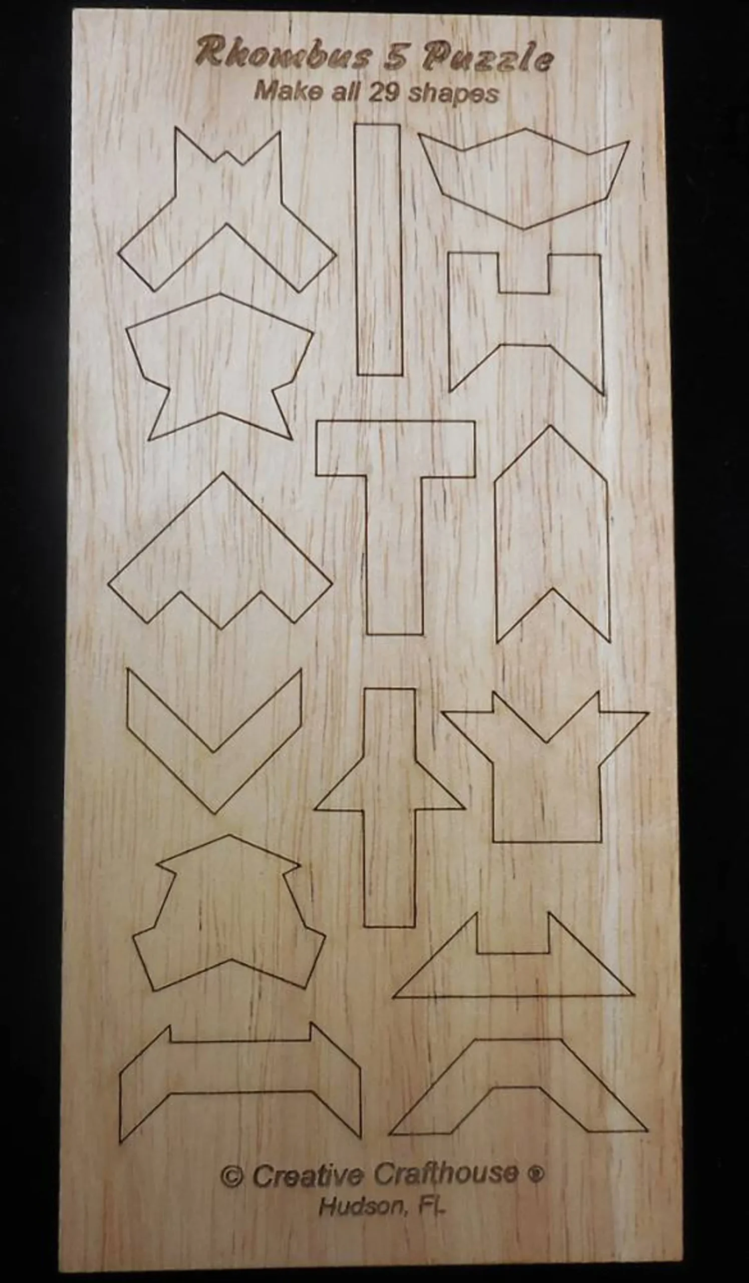 Rhombus Shape Wooden Five-Piece Transforming Puzzle in Engraved Box - Image 4