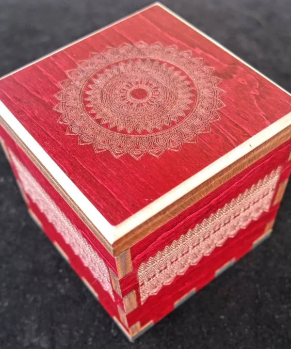 Red-Stained Maple Secret Stash Puzzle Box with Mandala Engraved Lid